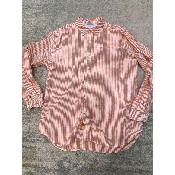Tommy Bahama Relax Shirt Mens XL Orange White Stripes 100% Linen Button Down - Picture 1 of 7